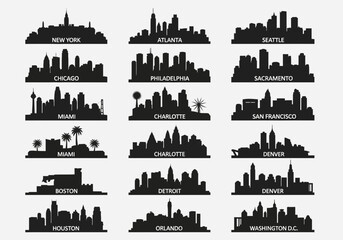 Obraz premium Silhouette illustrations of various city skylines including New York, Atlanta, Seattle, Chicago, Philadelphia, Sacramento, Miami, Charlotte, San Francisco, B...