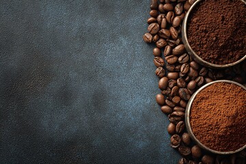 Side-by-side photo of coffee beans and ground coffee, showcasing rich textures and aroma for coffee lovers and beverage concept