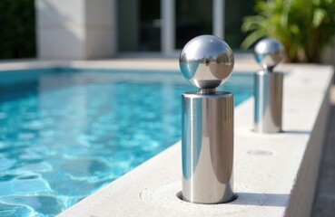 Shiny metal bollards along poolside with reflections and greenery in background