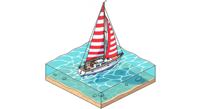 Red and white striped sailboat navigating turquoise ocean waters with a light sandy seabed visible transparent background