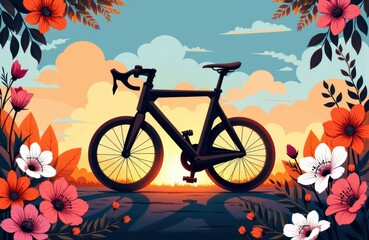 Fototapeta premium Bicycle silhouette against sunset sky with colorful flowers and clouds