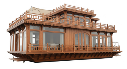 Exotic houseboat with intricate details floating on water at sunset serene tropical vacation transparent background