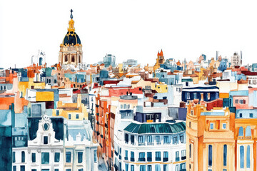 Fototapeta premium Vibrant watercolor painting captures panoramic view of European cityscape with colorful buildings and prominent dome. artwork showcases architectural diversity and urban charm
