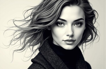 Fototapeta premium Woman with flowing hair looking directly at the camera in black and white