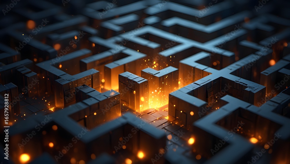 Poster abstract maze labyrinth design with glowing light technology and complex structure concept art