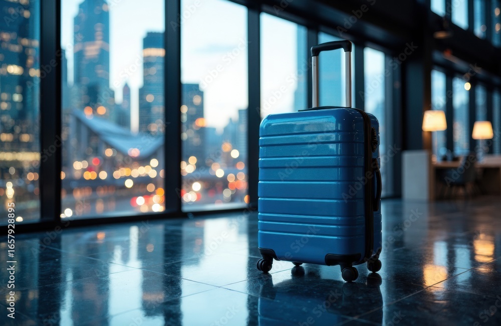 Poster a blue suitcase standing on the floor inside an airport terminal with large windows showing cityscap