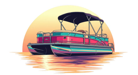 Naklejka premium Vibrant pontoon boat moored on calm water reflecting sunset colors during golden hour transparent background