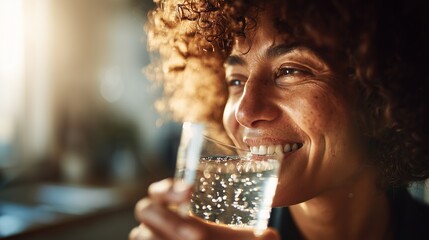 Close-up of a smiling woman drinking fresh water, illuminated by warm sunlight, conveying refreshment and happiness.