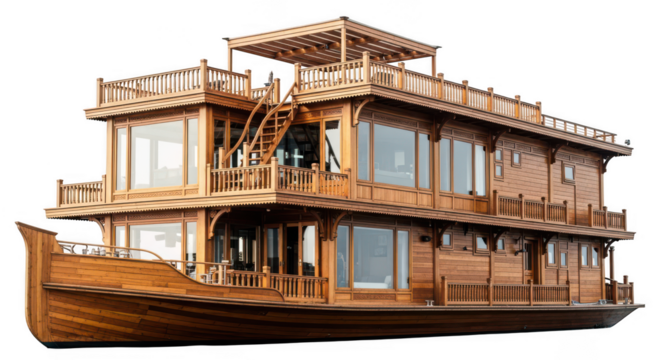 Luxurious multi-deck houseboat with intricate wooden details and balconies floating on water transparent background