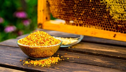 A small, clear glass bowl filled with golden pollen sits on a dark wooden surface, next to a blurred honeycomb display.