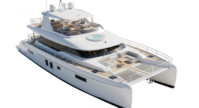 Luxury catamaran yacht docked at sea featuring multiple decks and sleek modern design transparent background