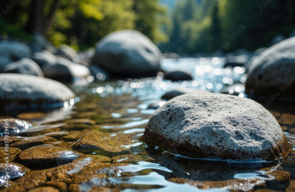 Poster a clear stream flows over smooth rocks in a natural outdoor setting with lush green trees in the bac
