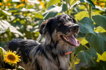 portrait of an Italian Lagorai Shepherd puppy in a sunflower field in late summer