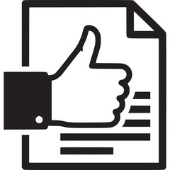 A black and white illustration of a thumbs up on a document, representing approval, agreement, and positive feedback isolated on white background
