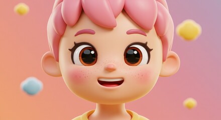 A closeup 3D render of a smiling cartoon child with pink hair