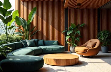 Modern indoor lounge area with stylish furniture and lush green plants