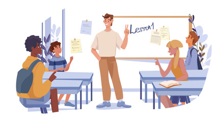 Back to school classroom teacher students learning modern classroom interior diverse children desks whiteboard casual atmosphere educational concept landing page