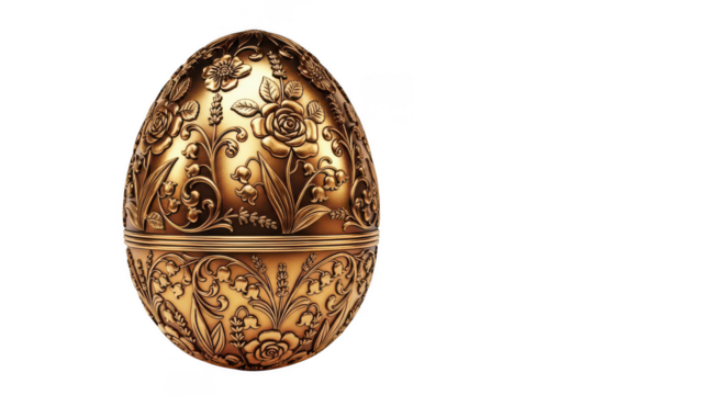 Ornate golden egg with intricate engravings presented on a minimalist dark backdrop transparent background