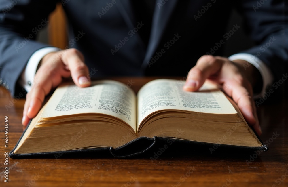 Poster man reading book with open pages on wooden table in formal suit