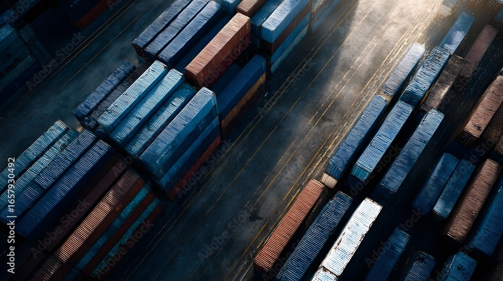 Poster container stacks in a large shipping yard seen from an aerial view in daylight with sharp focus and 