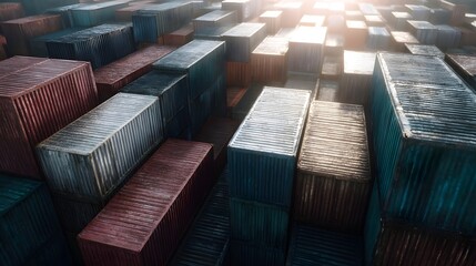 Obraz premium Aerial view of stacked shipping containers in a large freight yard