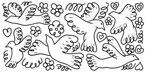 Doodles of flying bird, doves or pigeon with flowers and hearts. Hand drawn simple abstract animals