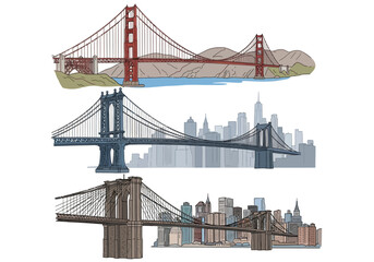 Fototapeta premium Three iconic bridges: Golden Gate Bridge, Manhattan Bridge, and Brooklyn Bridge, each set against their respective city skylines.