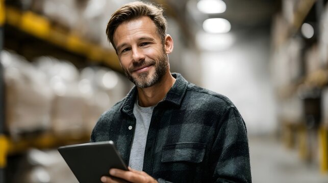 Manager using a tablet in a distribution center