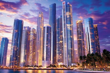 Marina landscape at sunset with brightly lit skyscrapers and luxury apartments and purple sky background