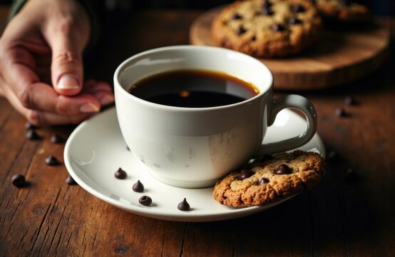 A person holding a cup of black coffee with chocolate chip cookies on a wooden table