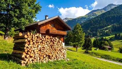 Rustic Wooden Cabin with Stacked Firewood in Lush Green Alpine Valley.