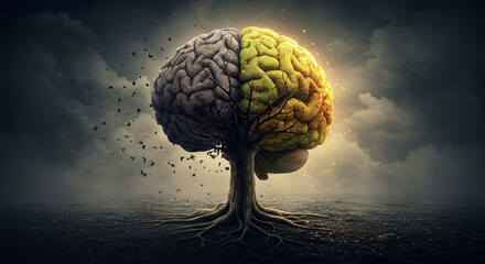 conceptual brain illustration showing one half in yellow, representing health, and the other in green, symbolizing decay