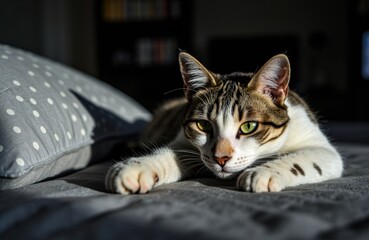Naklejka premium A domestic tabby cat with green eyes resting on a bed in a cozy bedroom setting