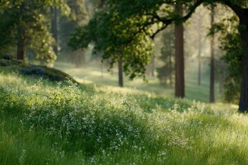 Misty forest meadow, sunlight filtering through trees