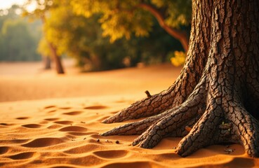 Obraz premium A large tree with textured roots growing in sandy terrain during sunset