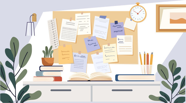 Study desk back to school organization workspace books stationery corkboard clock plants wall art modern home office decor