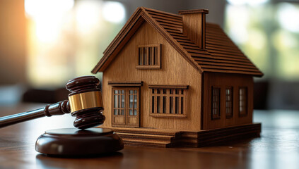 Wooden house model sits on table next to judge gavel, symbolizing real estate law and property auctions. warm lighting creates professional and serious atmosphere