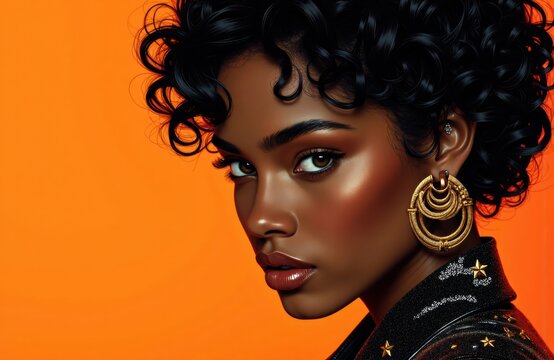 A close-up portrait of a woman with dark curly hair and bold makeup against an orange background