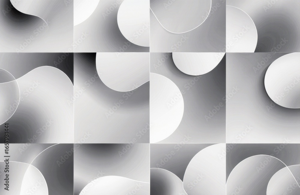 Poster geometric pattern with overlapping circles and squares in grayscale tones