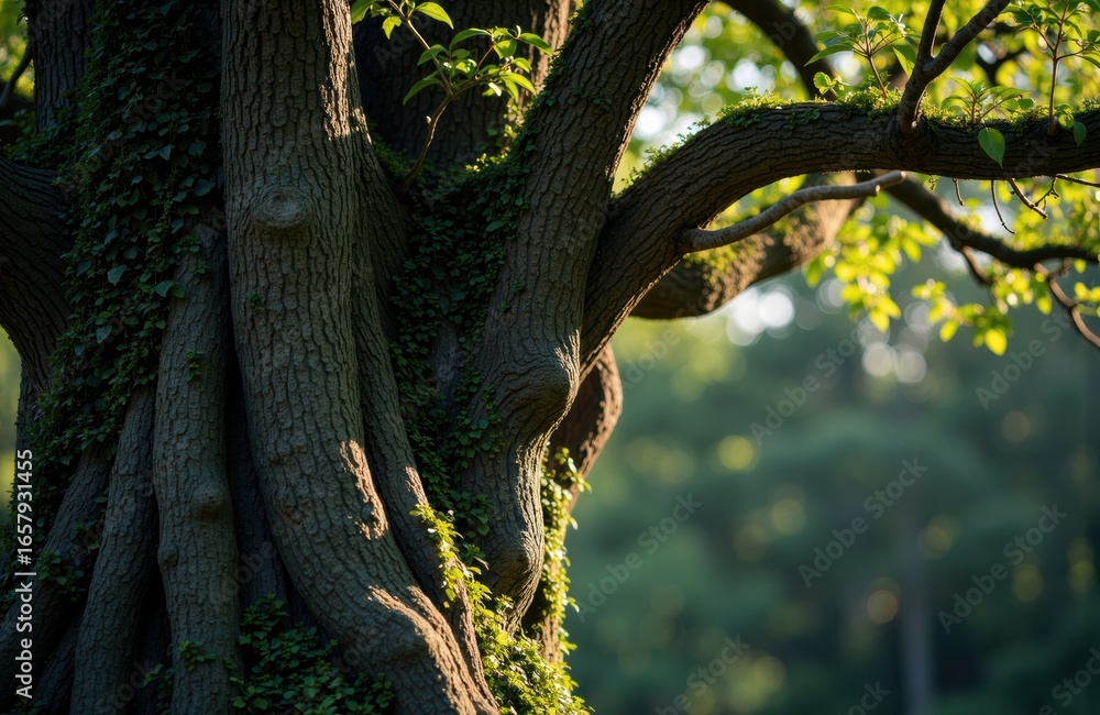 Poster a large tree trunk with sprawling branches illuminated by sunlight in a lush forest setting
