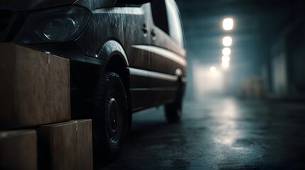 Delivery van unloading boxes at a city warehouse at night