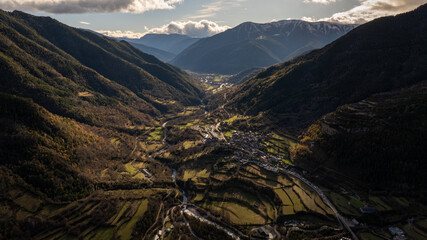 Stunning aerial view of the picturesque valley of torla ordesa nestled in the Pyrenees mountains of...