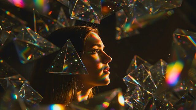 Ethereal Woman with a Reflective Crystal Headdress, Representing Spirituality, Inner Reflection, and Mystical Beauty
