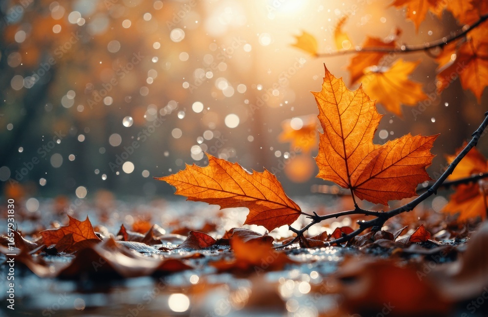 Poster autumn leaves on wet ground with sunlight filtering through trees creating bokeh effect