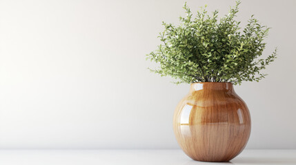 Lush green plant in glossy wooden vase sits on white surface against plain background, creating serene and minimalist aesthetic