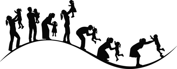 Silhouettes of Adults and Children Interacting in Playful Poses – Family Bond Vector Illustration Along Curved Line on White Background