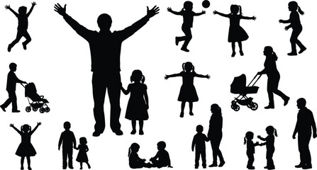 Silhouettes of Adults and Children Playing, Walking, and Interacting – Family and Community Vector Scene on White Background