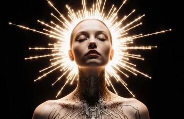 Futuristic woman with glowing light halo and digital circuit patterns on her skin