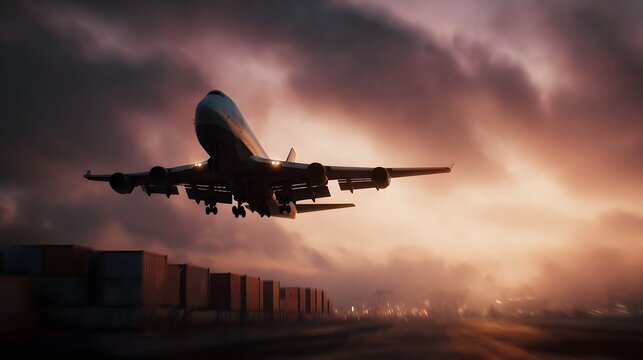 Cargo plane taking off at sunset from an airport - Powered by Adobe