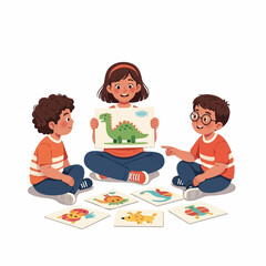 Three happy children sitting cross-legged, a girl holding a dinosaur flashcard while two boys watch and learn.